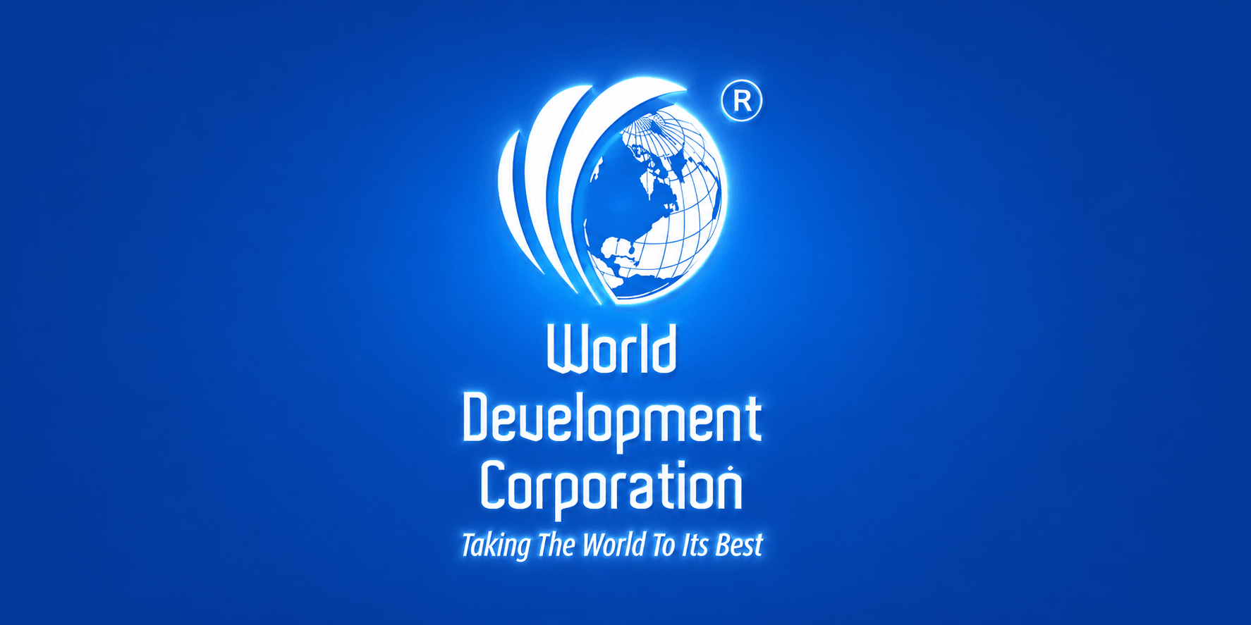 Logo of World Development Corporation featuring a globe and slogan on a blue background