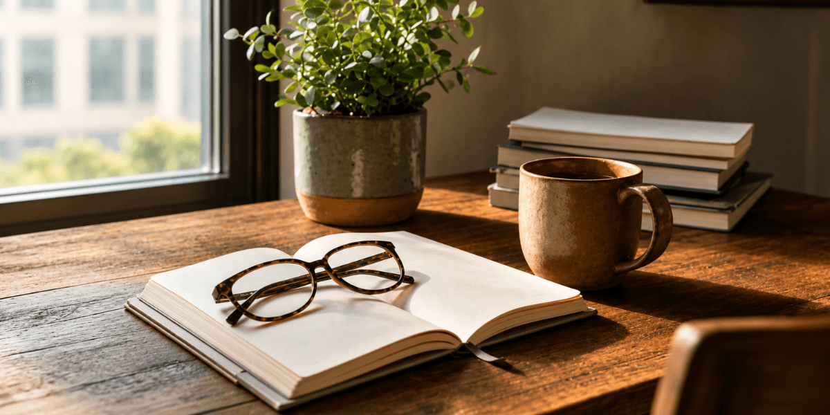 Open notebook with glasses, a coffee mug, and a plant on a wooden desk