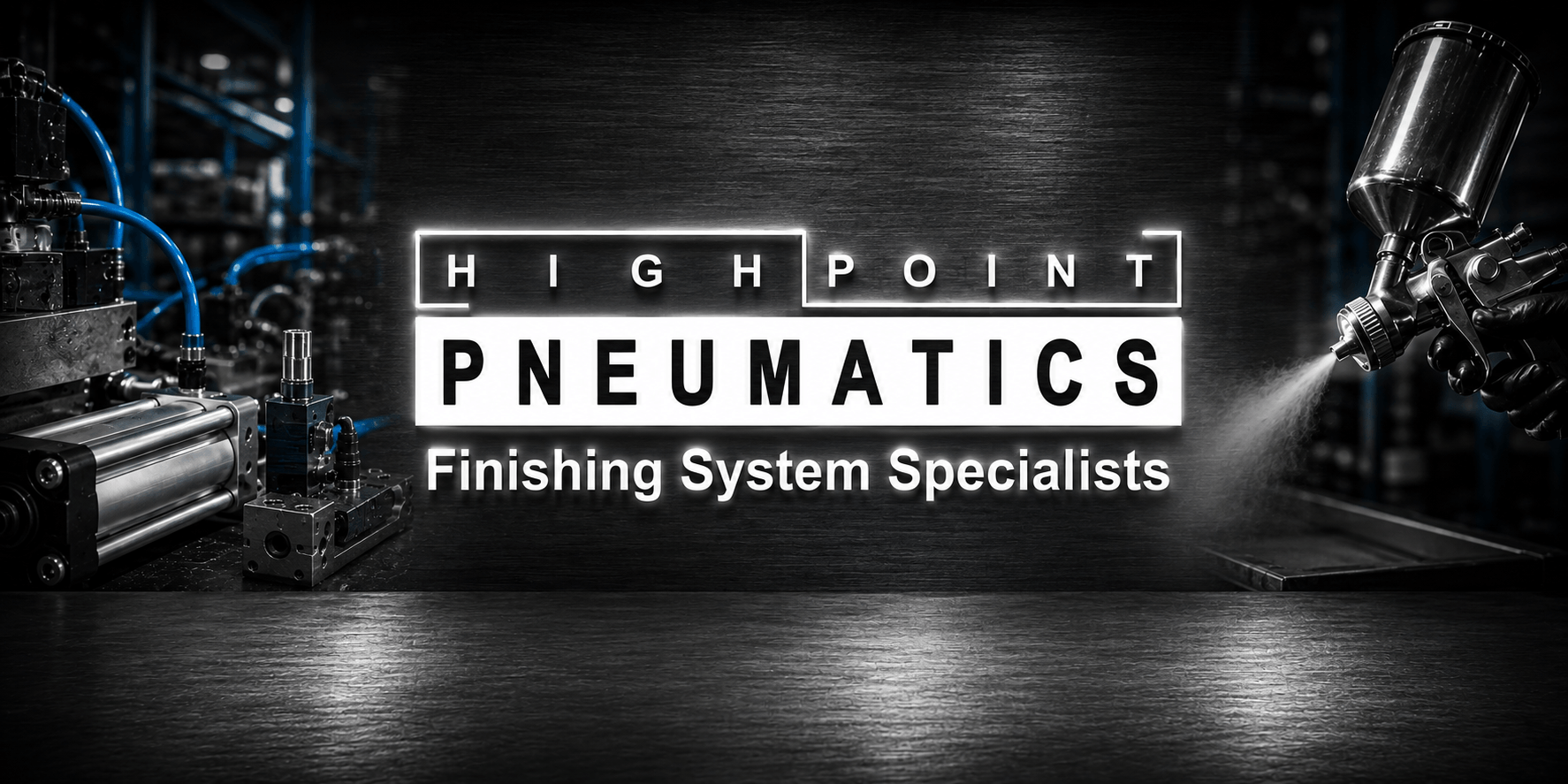 High Point Pneumatics logo with industrial equipment and spray painting in the background