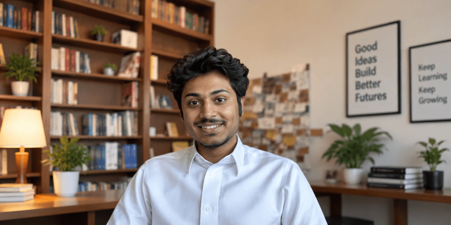 A man in a white shirt smiles in a cozy library setting with books and plants