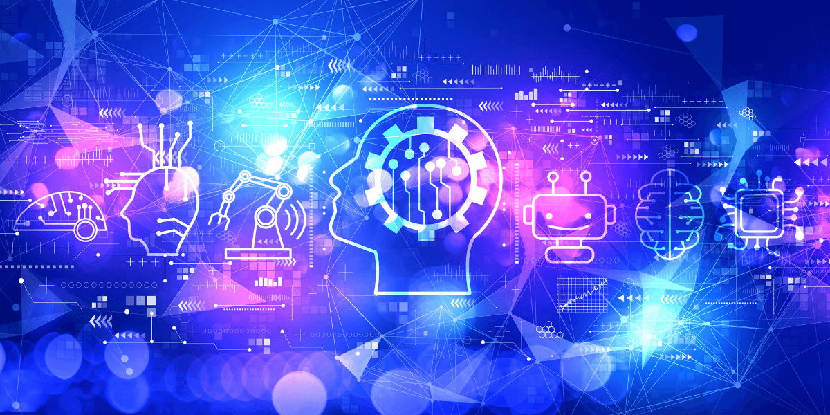 Abstract illustration of AI concepts with gears, robots, and digital elements on a vibrant background
