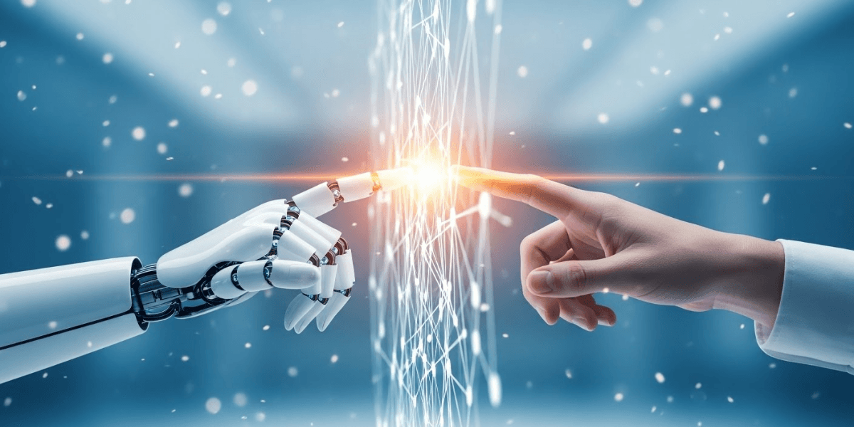 A robotic hand and a human hand reaching towards each other, sparks igniting between them