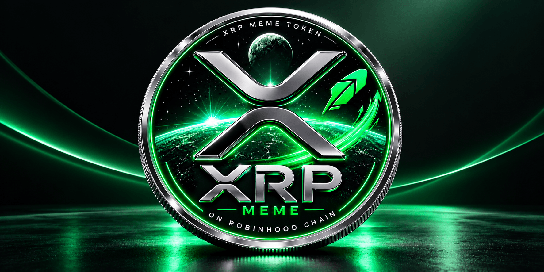 Illustration of an XRP meme token with a green and black cosmic background