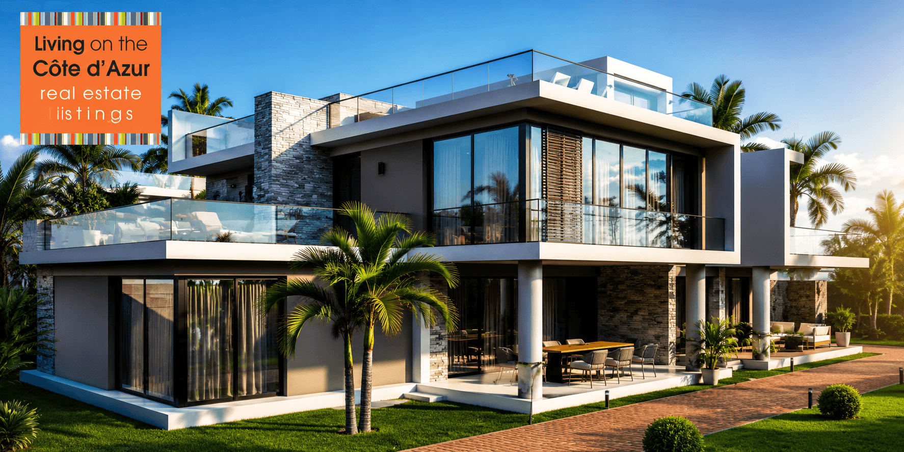 Modern luxury villa with large windows, surrounded by tropical greenery and outdoor seating