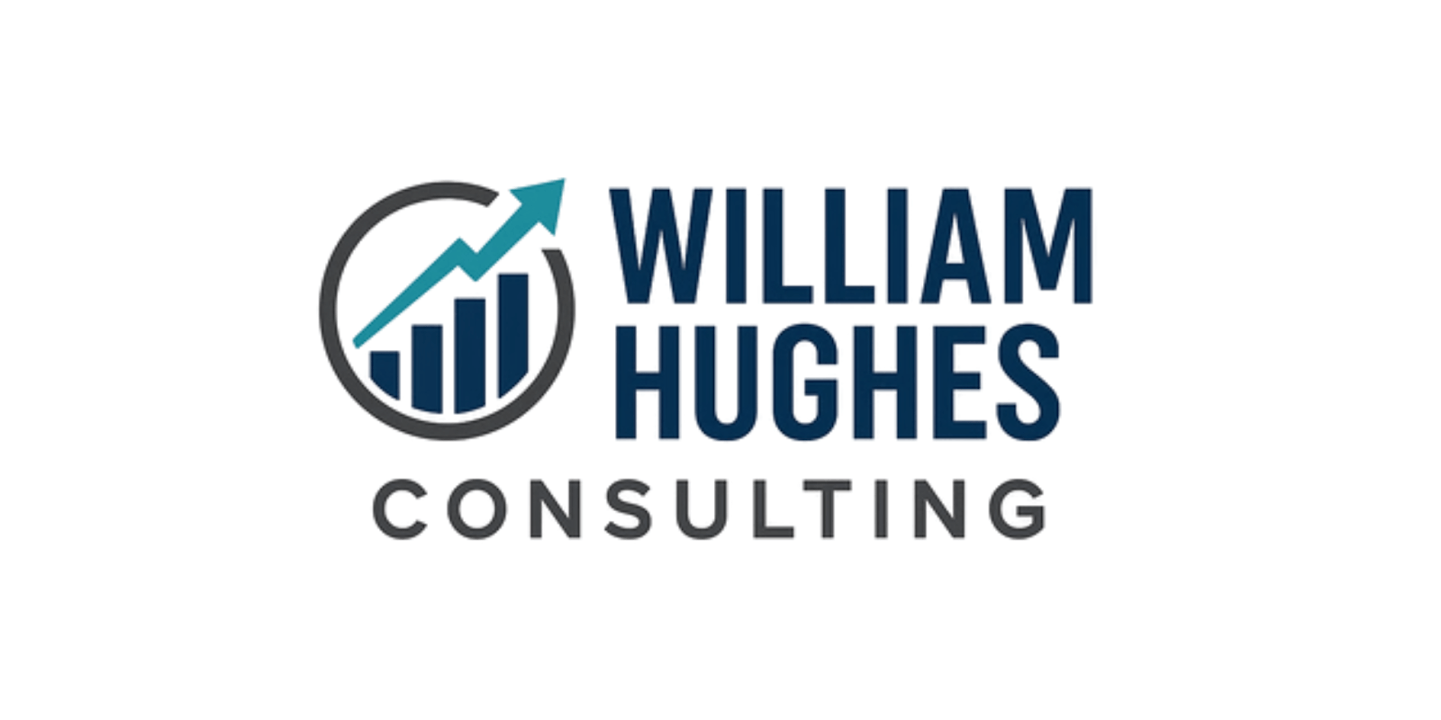 William Hughes Consulting logo featuring a bar graph and upward arrow, symbolizing data analysis and business growth.