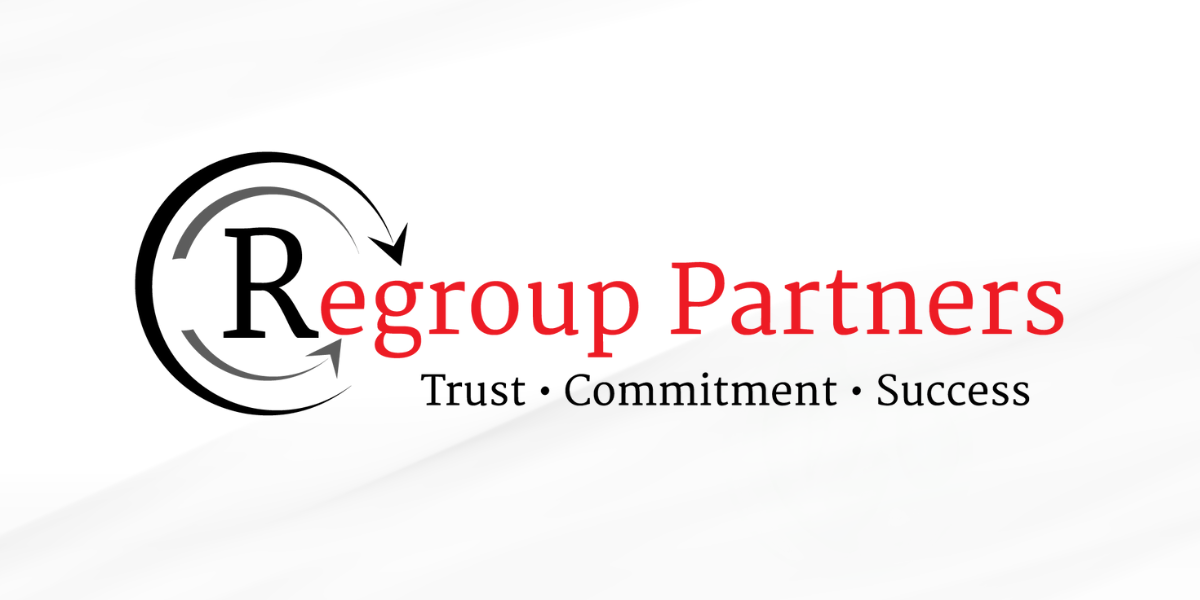 Regroup Partners logo featuring a circular arrow design and text 'Regroup Partners' with the tagline 'Trust • Commitment • Success
