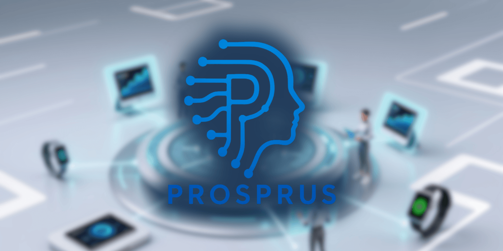 Prosprus AI logo over smart devices, symbolizing innovative communication and lead management solutions for small businesses.