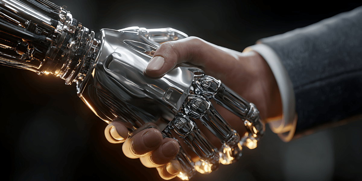 Human hand shaking a robotic hand, symbolizing AI infrastructure, business innovation, and human-AI collaboration