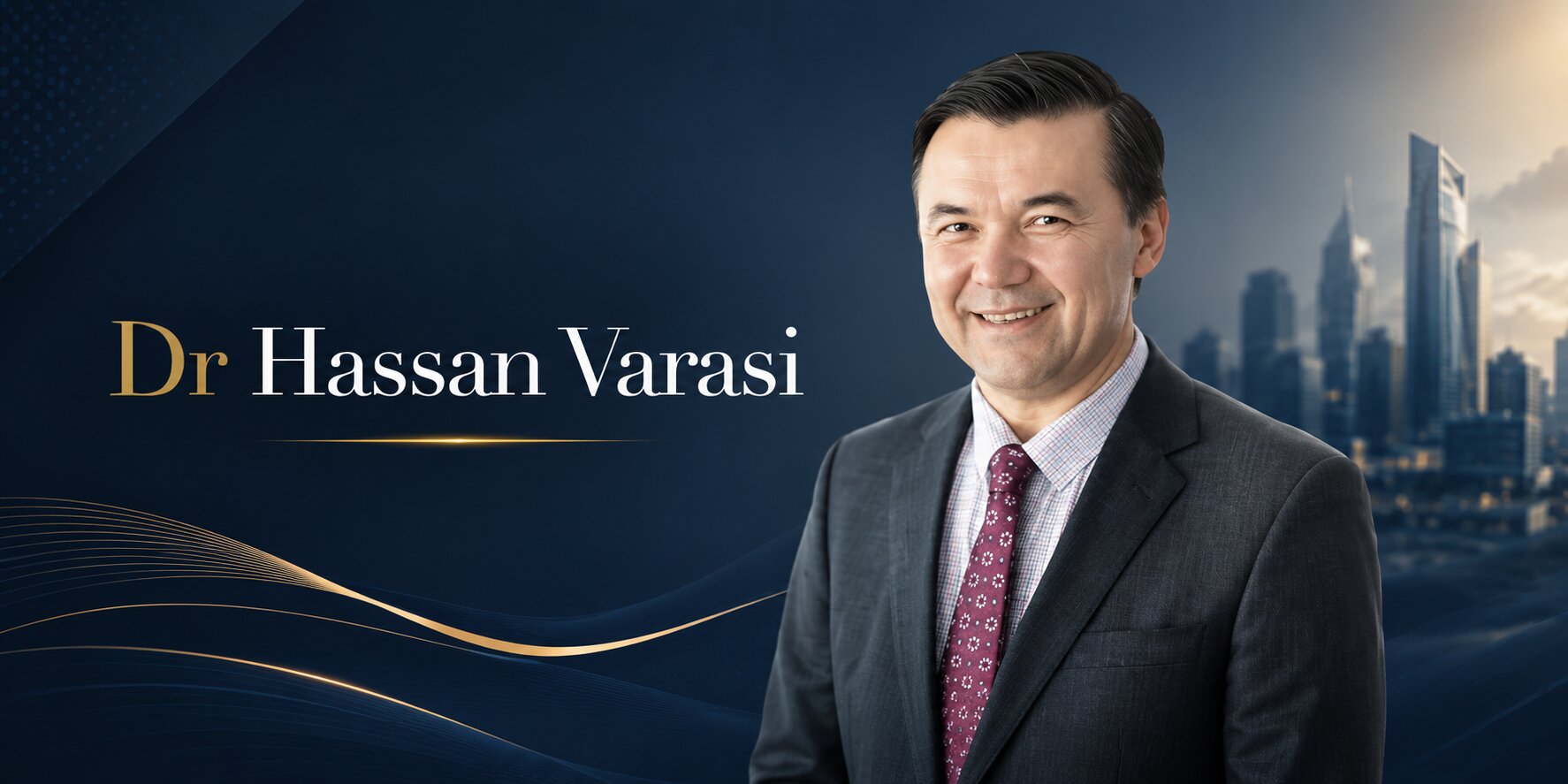 Portrait of Dr. Hassan Varasi in business attire beside city skyline, promoting leadership and customer experience in business.