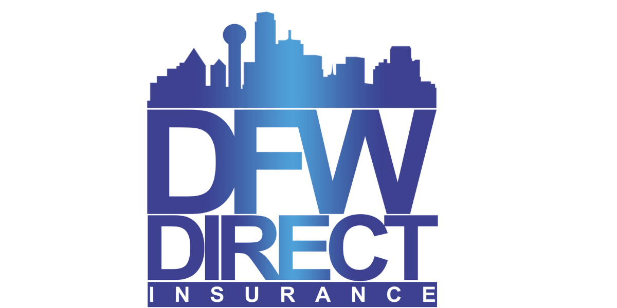 DFW Direct Insurance logo with Dallas skyline silhouette in blue gradient text