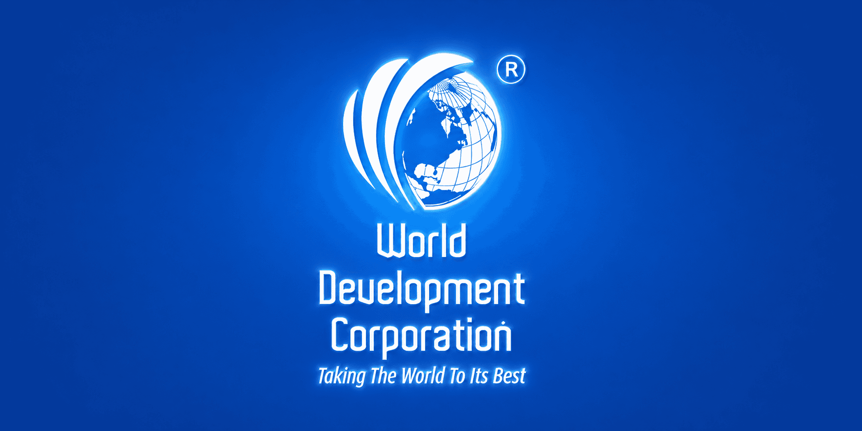 Logo of World Development Corporation featuring a globe and slogan on a blue background