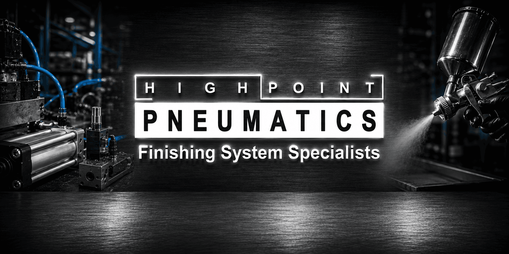 High Point Pneumatics logo with industrial equipment and spray painting in the background