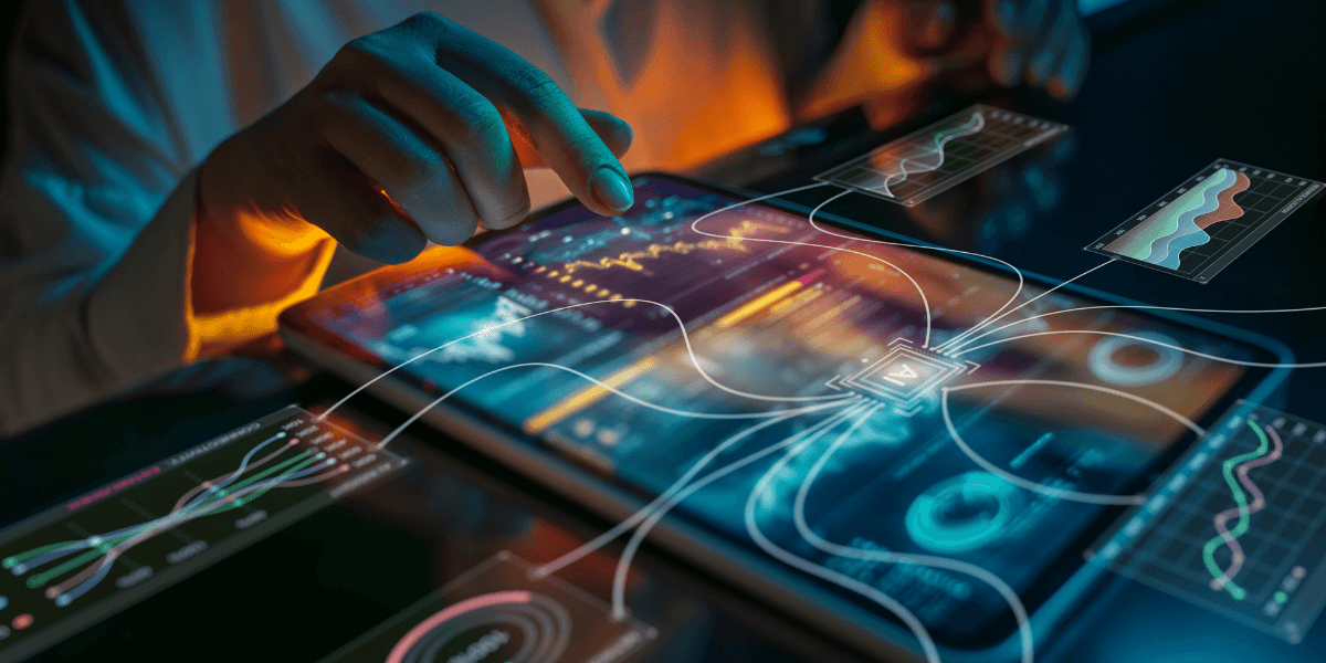 A hand interacting with a digital tablet displaying data analytics and visualizations
