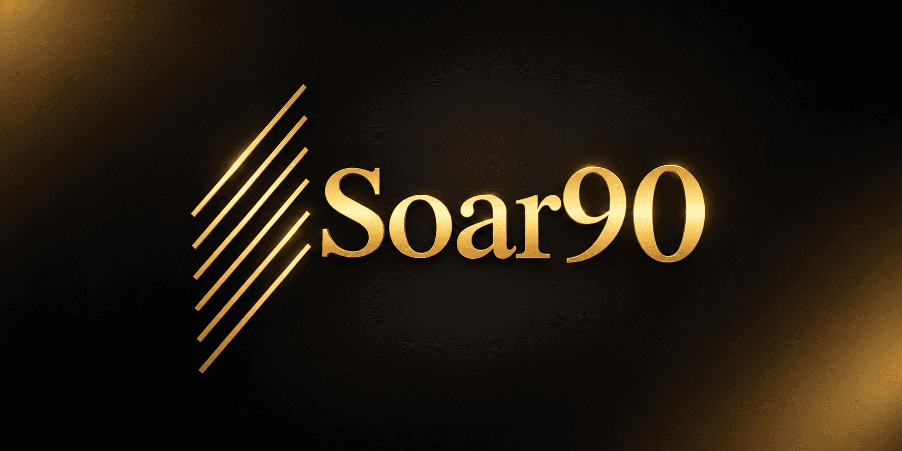 Gold logo of "Soar90" with diagonal lines on a dark background