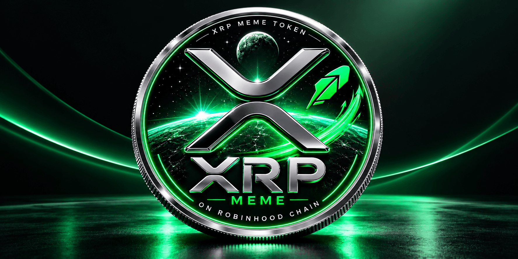 Illustration of an XRP meme token with a green and black cosmic background