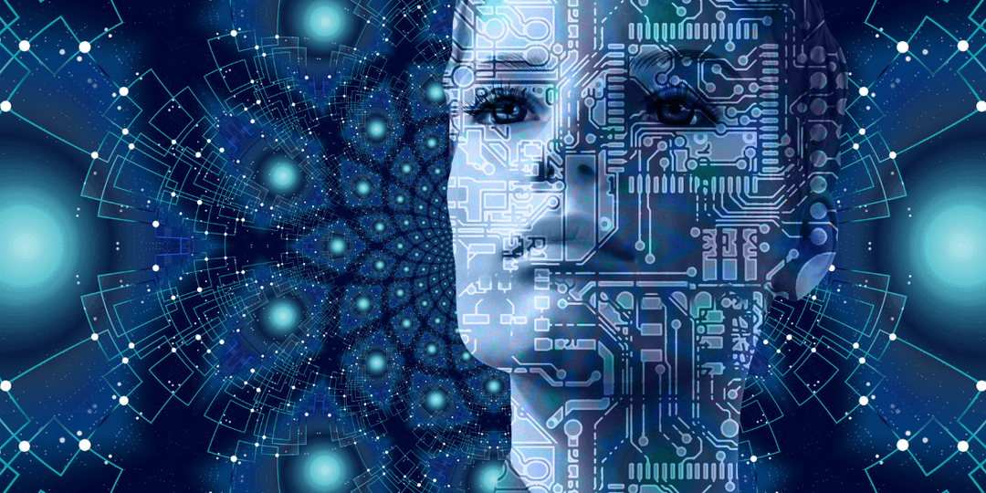 Abstract digital artwork of a humanoid face with circuit patterns and cosmic background