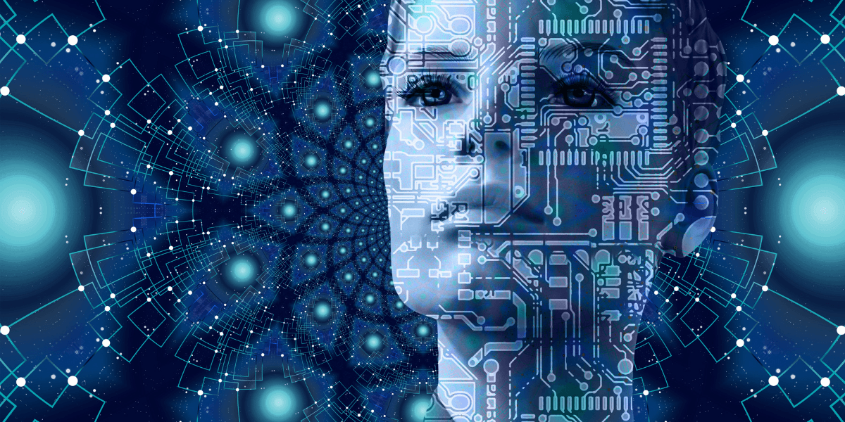 Abstract digital artwork of a humanoid face with circuit patterns and cosmic background