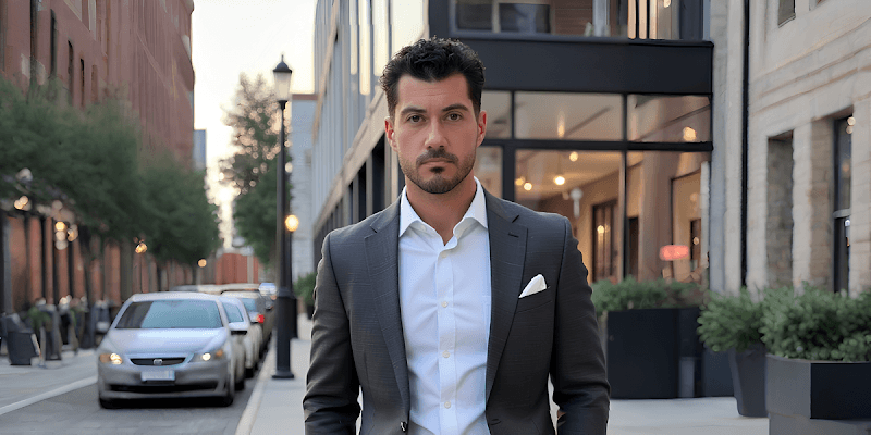 A man in a suit stands confidently on a city street.