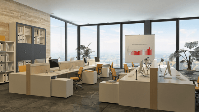 Modern open-plan office with multiple desks, computers, orange chairs, large floor-to-ceiling windows, indoor plants, and a presentation board displaying a bar chart.
