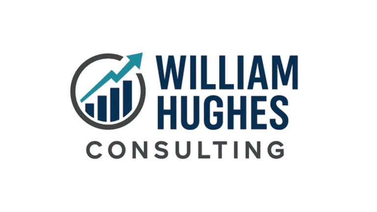 William Hughes Consulting logo featuring a bar graph and upward arrow, symbolizing data analysis and business growth.