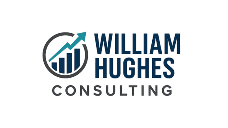 William Hughes Consulting logo featuring a bar graph and upward arrow, symbolizing data analysis and business growth.