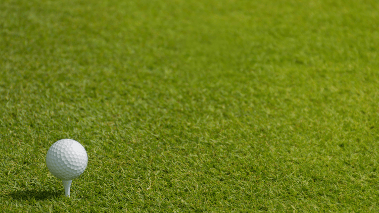 Golf ball on a tee positioned on a well-maintained golf course fairway.