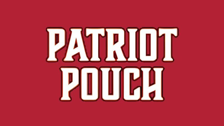 Patriot Pouch logo in bold white lettering on a solid red background.