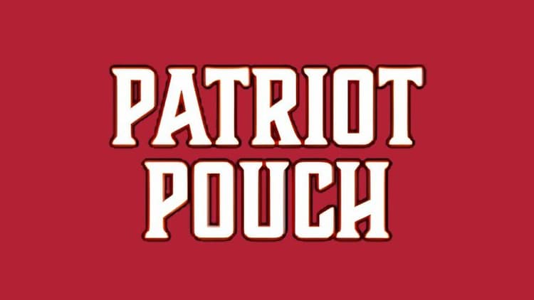 Patriot Pouch logo in bold white lettering on a solid red background.