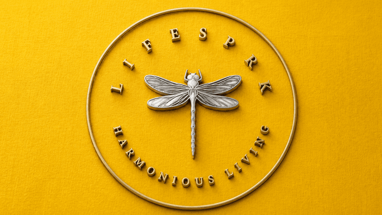 LIFESPRK LLC logo featuring a silver dragonfly on a yellow background with the words "Harmonious Living."