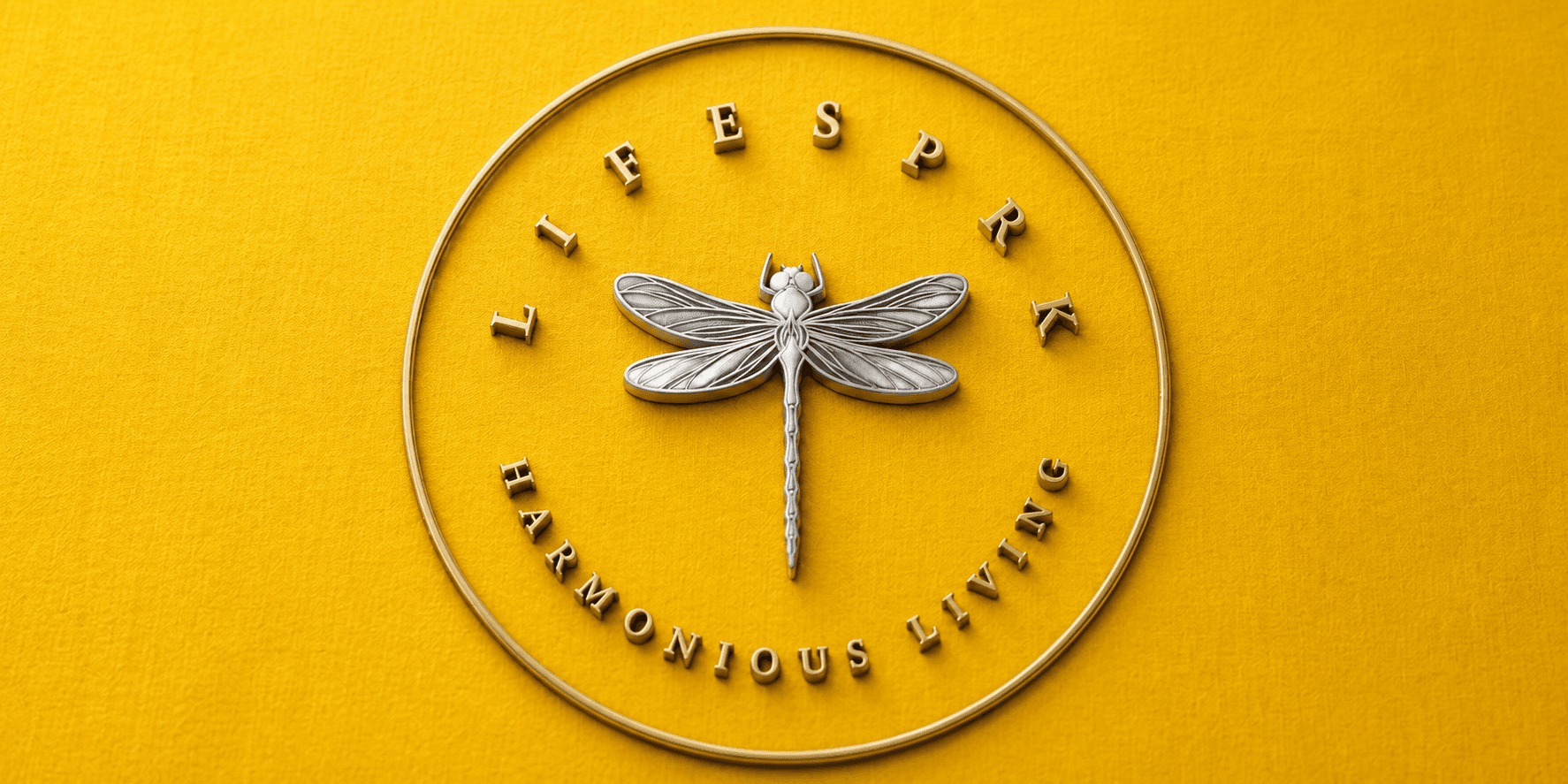 LIFESPRK LLC logo featuring a silver dragonfly on a yellow background with the words "Harmonious Living."