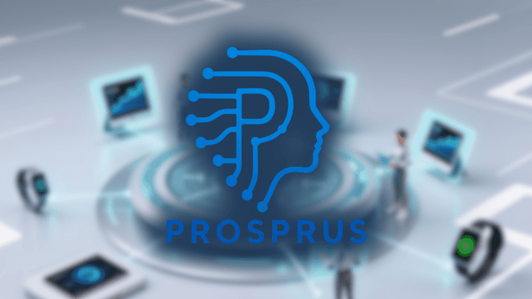 Prosprus AI logo over smart devices, symbolizing innovative communication and lead management solutions for small businesses.