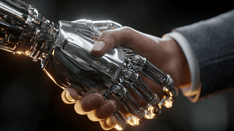Human hand shaking a robotic hand, symbolizing AI infrastructure, business innovation, and human-AI collaboration