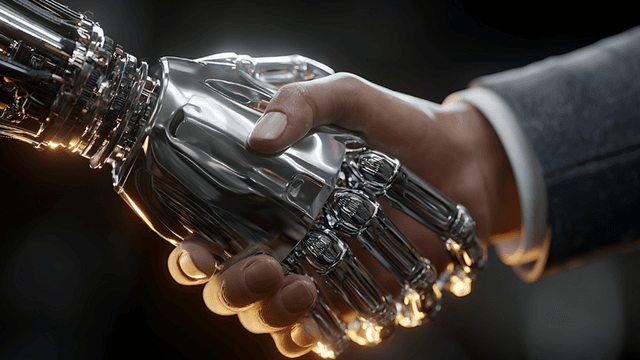 Human hand shaking a robotic hand, symbolizing AI infrastructure, business innovation, and human-AI collaboration