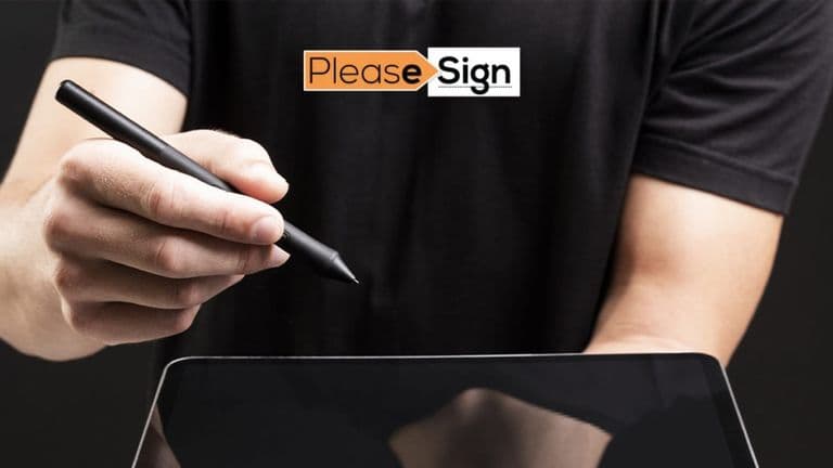 Person holding a stylus above a tablet with PleaseSign logo displayed.