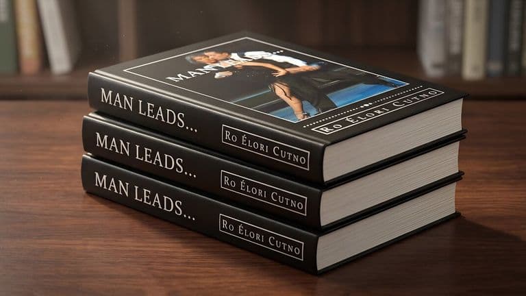 Three hardcover books stacked on a wooden table. They have black covers with the title "MAN LEADS..." and the author's name, Ro Élori Cutno. A blurred bookshelf is in the background.