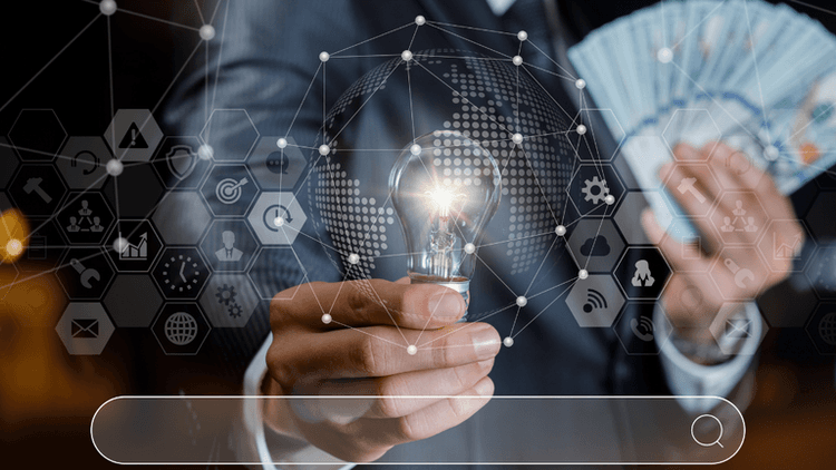 Businessperson holding a light bulb and cash with digital finance and technology icons overlay.