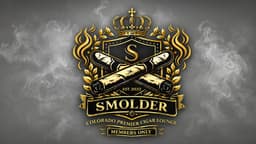 Smolder Cigar Lounge logo with crossed cigars, crown, and smoke on a dark background.
