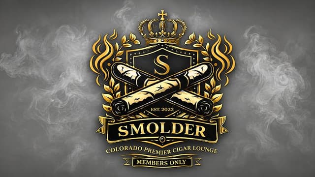 Smolder Cigar Lounge logo with crossed cigars, crown, and smoke on a dark background.