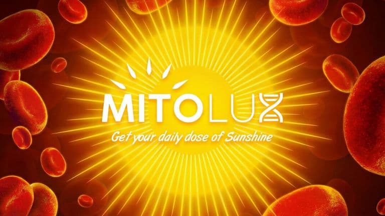 Mitolux logo with sun graphic, red blood cells, and "Get your daily dose of Sunshine" tagline.