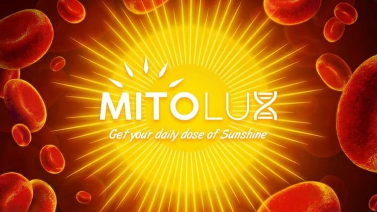 Mitolux logo with sun graphic, red blood cells, and "Get your daily dose of Sunshine" tagline.