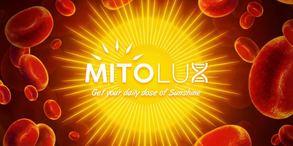 Mitolux logo with sun graphic, red blood cells, and "Get your daily dose of Sunshine" tagline.