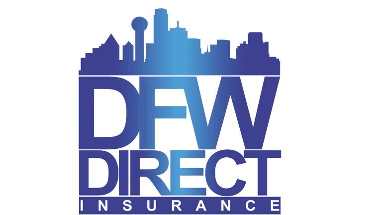 DFW Direct Insurance logo with Dallas skyline silhouette in blue gradient text