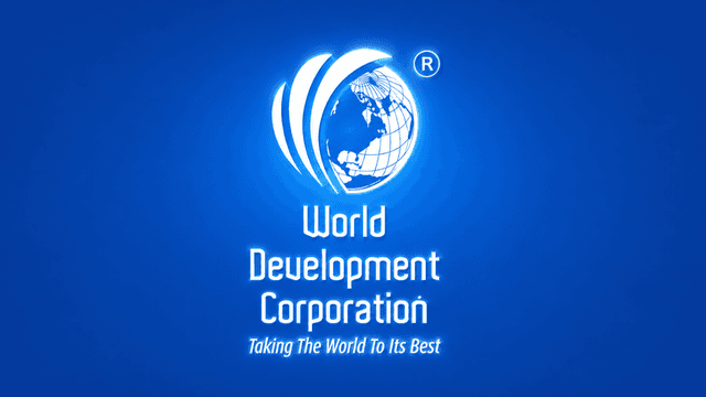 Logo of World Development Corporation featuring a globe and slogan on a blue background