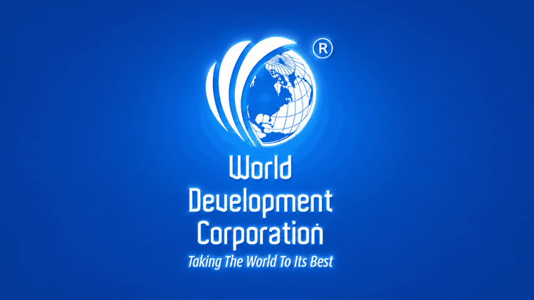 Logo of World Development Corporation featuring a globe and slogan on a blue background