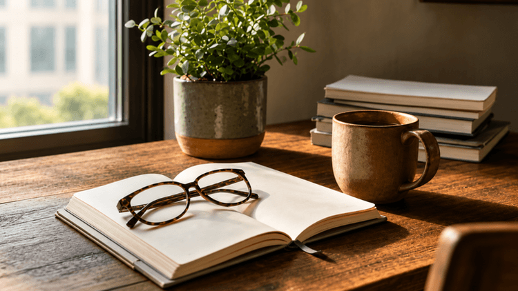 Open notebook with glasses, a coffee mug, and a plant on a wooden desk