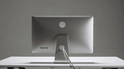 Back view of a sleek silver computer monitor on a minimalist white desk