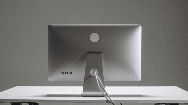 Back view of a sleek silver computer monitor on a minimalist white desk