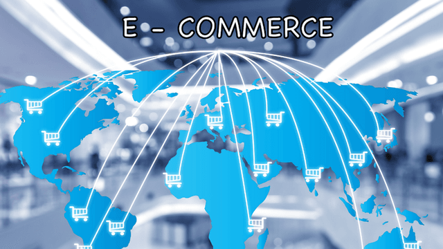 Blue world map with e-commerce text and shopping cart icons connecting regions