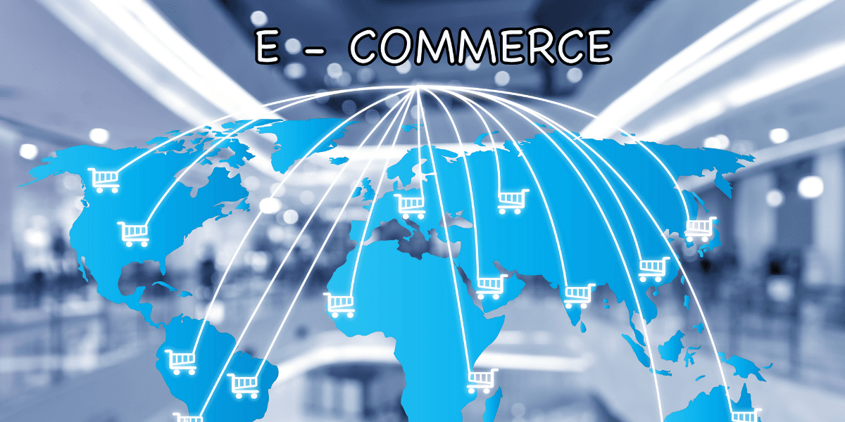 Blue world map with e-commerce text and shopping cart icons connecting regions