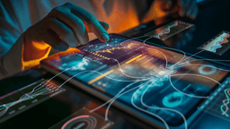 A hand interacting with a digital tablet displaying data analytics and visualizations